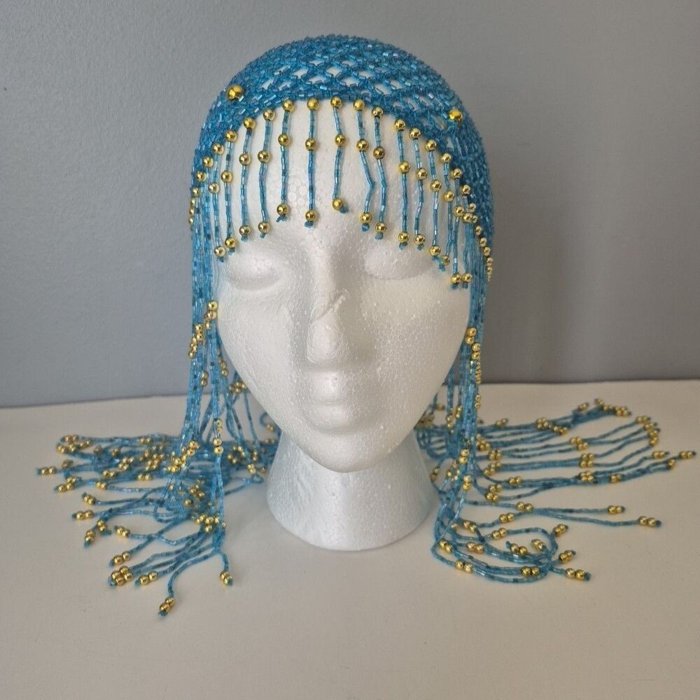 Egyptian Cleopatra Flapper Turquoise Gold Beaded Crochet Head Cap Costume Piece